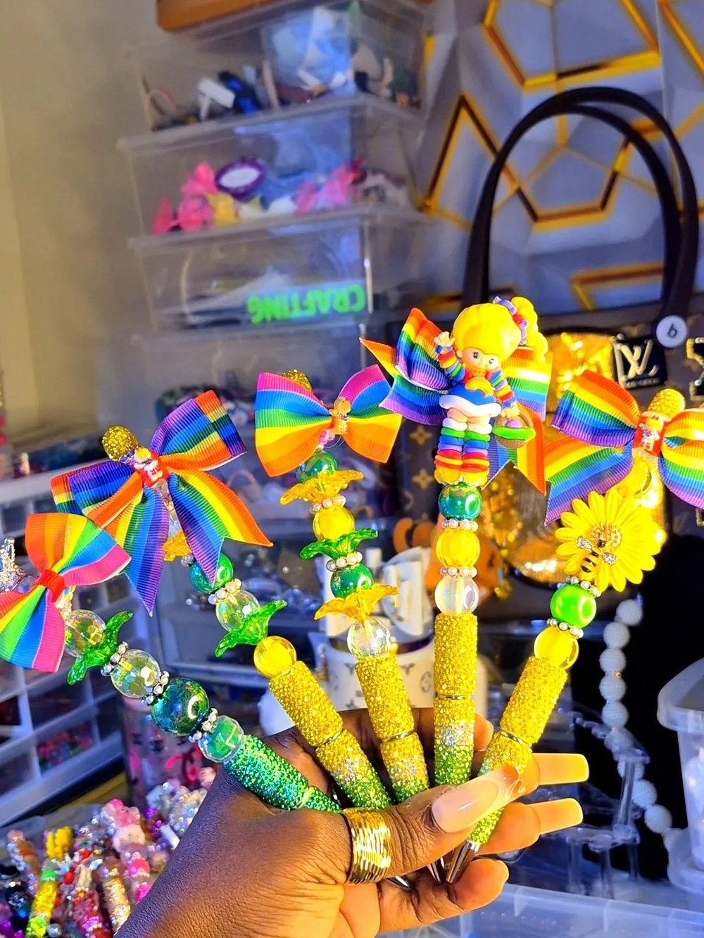 Rainbow  Beaded Decorative Fancy Pens - Colorful Pride Bow Accents